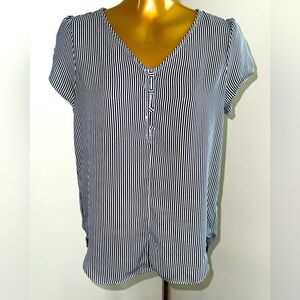 Philosophy Navy White Vertical Stripe Work Blouse XS Puff Sleeve Button Front